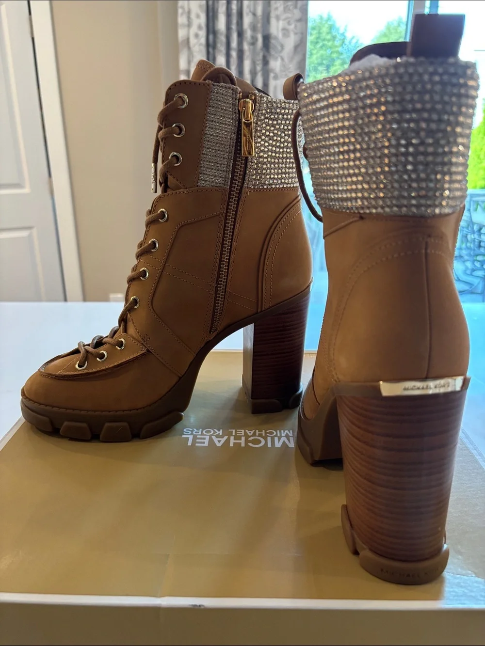 Michael Kors Tan Lace-Up Block Heel Boots with Jeweled Cuff